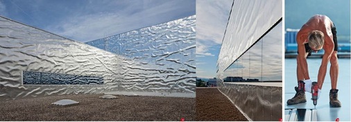 1 Beeindruckend: der Blick über das Flachdach des bisherigen Logistikzentrums. Auf der mit Aluminium sanierten Fassade des bestehenden Hochregallagers entstehen faszinierende Licht- und Schattenspiele2 Ungewöhnlich: In der Spenglertechnik stören in der Regel schon minimale Abweichungen eine gleichförmige Optik. Kleinste Beulen und Dellen stechen ins Auge, wodurch Spenglerarbeit zur Herausforderung wird. Doch diese Fassade ist anders3 Genietet: Die Unterkonstruktion der Dach- und Wandflächen besteht aus Trapezprofilen. Die Spengler fixierten die Aluminiumhülle direkt