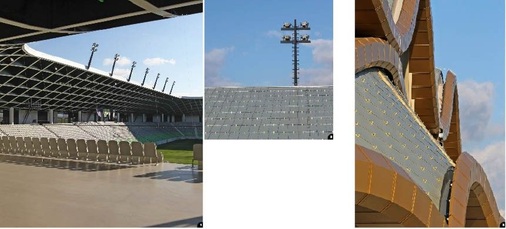 1 Die vielseitig nutzbare Arena ist neben Sportveranstaltungen ebenso für Konzert- und Showveranstaltungen geeignet 

The broadly-equipped multi-purpose arena is used for sports, concerts and events 2 Homogene Dachlandschaft dank kleinformatiger Schindeln Homogenic roof landsccape thanks to small-sized shingles 3 Perfekte Anschlussdetails an Rinnen und ­Dachrändern Perfect lines thanks to small sizes