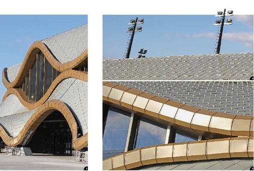 1 Der Sportpark beherbergt ein Fußballstadion und eine multifunktionale Sporthalle mit integriertem Einkaufszentrum, die in eine künstlich angelegte Park­anlage eingebettet sindThe sports park, a football stadium and a multi-purpose arena with a shopping center are included in a man-made recreational park2 Nur das Dach des Stadions ist sichtbar und bildet somit einen Krater in der Landschaft, der etwa 16000 Besuchern Platz bietetOnly the stadium roof is visible and has a seating capacity of 16,000

3 Perfekte Linien dank kleiner Formate