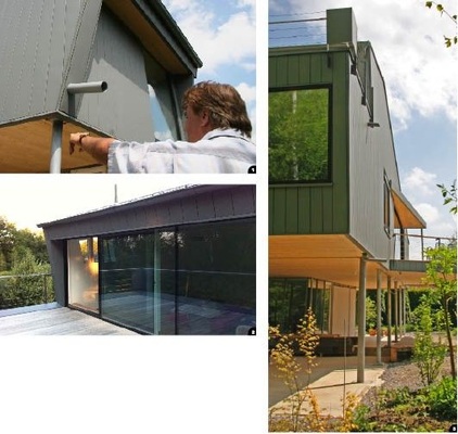 1 Thomas Engel erläutert das Entwässerungsdetail mit seinem versteckt angeordneten Ablaufrohr 2 + 3 Terrassen, Balkone und große Fensterfronten ermöglichen den Blick ins Freie. Auch der unter dem modernen Stelzen-Anbau platzierte Freisitz emöglicht engen Kontakt zur Natur des Gartens