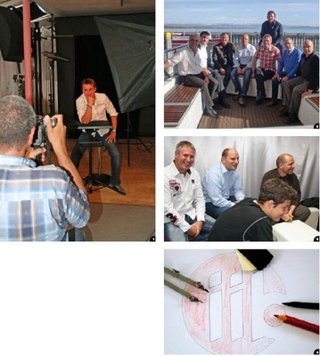 1 Studio für Professionelle Fotografie, Fellbach: Fotoprofi K. D. Busch und Peter Trenkwalder in Aktion2 Freideck der MS Lindau, Friedrichshafen: iib-Initiatoren und Gäste beim Arbeitstreffen3 Studio für Professionelle Fotografie, Fellbach: Jens ­Sperber, Christoph Jakobs, Sven Viete und Frank Reichert in ­Wartestellung beim Fotoshooting4 Design-Werkstatt, Stuttgart: Erste Entwürfe des iib-Logos fertigt Frank Reichert in reiner Handarbeit an