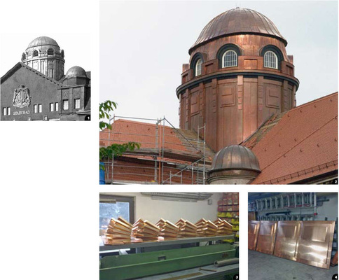 1 Die historische Aufnahme belegt, wie der Turm des Stadtbades vor der Zerstörung aussah2 Der rekonstruierte Turm ist durch formschöne Pilaster unterteilt. Die Flächen des Turmunterbaus sind dem Original zum Verwechseln ähnlich 3 Ein Pilaster ist ein flach aus der Wand hervortretender Pfeiler. In der Klempnerwerkstatt des Fachbetriebes Wendt ...4 ... wurden zahlreiche Pilasterbekleidungen in reiner Handarbeit gefertigt und zwischengelagert