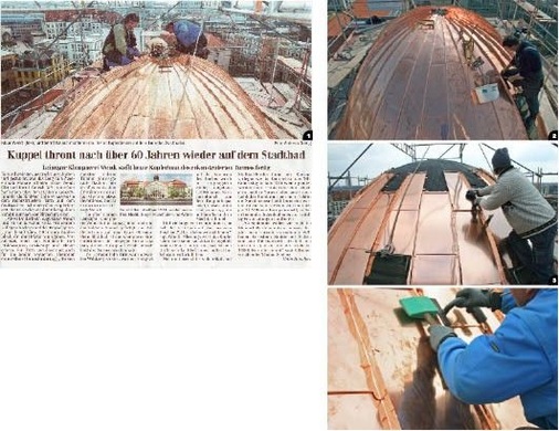 1 + 2 Die Regionalpresse berichtet ausführlich über den Baufortschritt der Stadtbadsanierung – auch über den der Klempnerarbeiten am Turm2 Endspurt: Die Klempner schließen die letzen der gebogenen Stehfalze. Flexible Gummileitern sorgen dabei für entsprechenden Arbeitskomfort3 + 4 Die Tafeldeckung wächst dem Kuppelabschluss entgegen. Die gesamte Sanierung soll bis 2016, zum 100. Geburtstag des Stadtbades, abgeschlossen sein