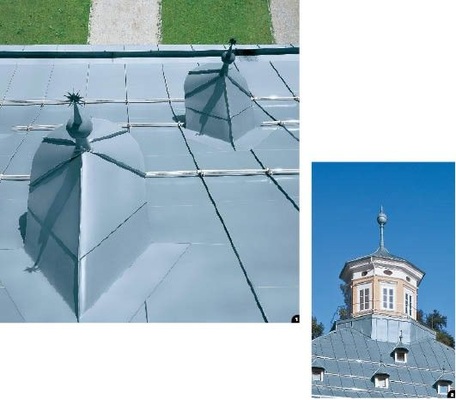 1 Perfekte Falztechnik sorgt an den Gauben-Kehlen für Sicherheit 2 Das geschwungene Turmdach der Edmundsburg sowie der darunter liegende Anschluss des Turmes an die Hauptdachfläche wurden formschön ausgeführt. Die Stehfalze verlaufen in Reih und Glied von der Dachfläche an die aufgehende Wand