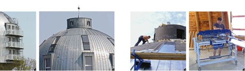 1 Im Inneren des ehemaligen Wasserturms entstand durch aufwendige Um- und Ausbaumaßnahmen hochwertiger Wohnraum 2 Zahlreiche Durchdringungen erschwerten die Eindeckung der Turmhaube. Verarbeitet wurde walzblankes Titanzink der Marke VM-Zinc3 Maßtoleranzen: Teilweise mussten die bombierten und konischen Scharen anhand entsprechender Schablonen angefertigt werden4 Die Fertigung der Bauteile erfolgte dabei auch direkt auf der Baustelle