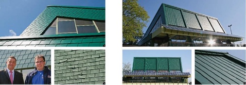 1 Die moosgrünen und aus 0,7-mm-Aluminium gefertigten Schindeln werden in einer ¾-Teilung verlegt. Ihre rhombische Schindelform erzeugt eine homogene Fläche2 Prefa-Fachmann Thomas Hill und Spenglermeister Martin Fiedler vom Planungsteam optimierten dank diverser Visualisierungen die Planungsabläufe bereits im Vorfeld. Das Ergebnis kann sich sehen lassen3 Die im Laufe der Zeit unansehnlich gewordenen Bitumenschindeln wurden durch kleinformatige und langlebige Prefa-Aluminiumschindeln ersetzt4 Das Winkelfalz-System gewährleistet hohe Sicherheit und lockert die Flächen optisch auf5 Die vorgesetzte PV-Anlage spendet angenehmen Schatten über den großzügig bemessenen Fensterflächen 6 Die Stehfalzscharen werden durch versetzt angeordnete Querfalze unterbrochen