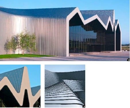 4 Bizarre Dach- und Fassadenformen verleihen dem Museum of Transport sein markantes Äußeres 5 Die Anpassung der teilweise extrem verformten Titanzink-Scharen erforderte eine hohe Material­qualität sowie absolute technische Perfektion bei der Verarbeitung6 Der Blick auf die wellenförmige Dachlandschaft verdeutlicht, dass mit entsprechendem Know-how, moderner Betriebsausstattung und geeigneten Werkstoffen nahezu alle Bauformen realisierbar sind