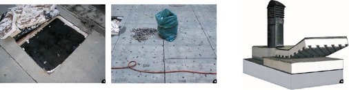 1 Eine Dachöffnung wurde angelegt, fließfähiges Wasser wurde abgesaugt und die eingedrungene Feuchtigkeit berechnet (ca. 4,5l/m²)2 Das gesamte Dach wurde mit einem 25-mm-­Bohrer perforiert3 ecutherm wurde mit der hydrophilen Migrationsebene nach unten auf die perforierte Dachhaut gelegt