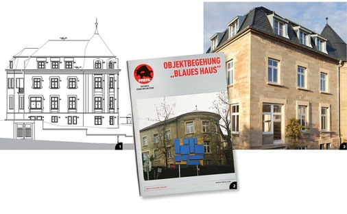 1 - 3 Nach umfangreicher Sanierung besitzt das “blaue Haus“ ein neues Prefa-Aluminiumdach. Zwei unterschiedliche Lichtobjekte (Bild 2 und Titelbild S. 26) weisen auf die besondere Aufgabe des Gebäudes hin