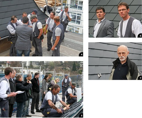 4 Die Klempner der Buck GmbH besprechen die Vorgehensweise bei der Schauverlegung ...5 ... die von mehr als 30 Teilnehmern besucht wurde6 Bruno Rösch (l.): „Vom Klempner verarbeitete Qualitätsprodukte schaffen Vertrauen. Prefa-Systeme garantieren dabei hohe Langlebigkeit!“ Martin Buck (r.): „Das Projekt eignet sich hervorragend dafür, auf unsere Arbeit aufmerksam zu machen!“7 Mathias von Poswik: „Nach umfangreicher Sanierung wird das ‚blaue Haus‘ für wichtige Aufgaben in der Zukunft genutzt.“