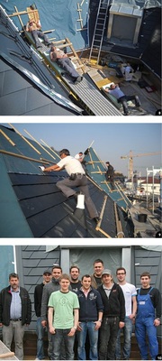 8 Klempner haben es gut! Wo sonst gibt es bereits im März ein Gratis-Sonnenbad? 9 Die Montage der Dachschindeln geht zügig voran. Hier werden spezielle Halter für eine Solaranlage in die Dachfläche eingearbeitet10 Auch die Meisterschüler der Robert-Mayer-Schule besichtigten die prominente Baustelle und waren von der gut organisierten Veranstaltung beeindruckt