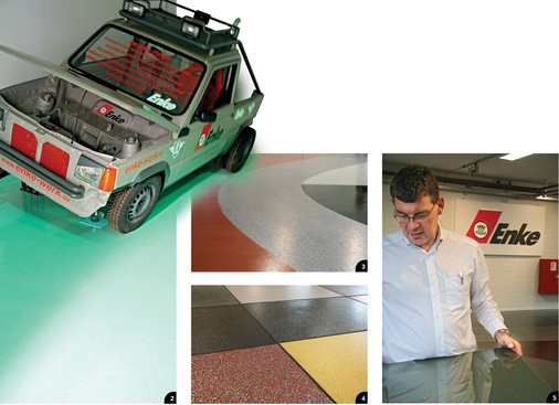 1 - 2 Die nachleuchtenden Hilite-floor-Leuchtböden sammeln und speichern tagsüber Licht und ­geben es nachts wieder ab3 -5 Klaus Stern präsentiert diverse Bodenbeläge in zahlreichen Varianten