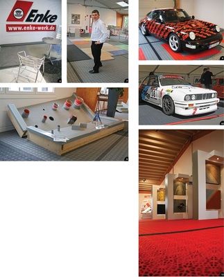 6 – 8 Die Enke-Ausstellung in Langenfeld informiert im Obergeschoss über bekannte und bewährte Produkte wie Enkopur oder Enkryl, die inzwischen von zahlreichen Klempnerfachbetrieben in großen Mengen eingesetzt werden9 – 10 Die quadratischen Enkefloor-Bodenplatten aus Kunststoff sind in verschiedenen Größen und Farben lieferbar. Sie bestehen aus wetterbeständigem Polypropylen und können mittels Steckverbindung vielseitig eingesetzt werden 8 + 11 Im Obergeschoss der Langenfelder Ausstellung vermitteln die großflächig eingesetzten und teils rot gefärbten Enkefloor-Bodenplatten einen besonders hochwertigen und edlen Eindruck