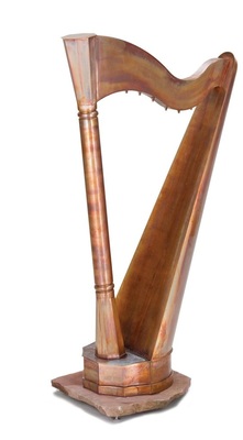 36 WasserharfeAnstelle echter Saiten fließen feine Wasserstrahlenaus dem geschwungenen Oberteil des harfenförmigen ZimmerbrunnensMaterial: Kupfer Verarbeitung: Falz-, Löt- und Schweißtechnik