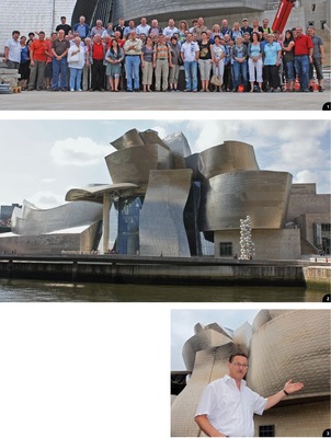 Beeindruckende Spenglertechnik 1 Die VDSS-­Reisegruppe vor dem Guggenheim-Museum in Bilbao 2 Die atemberaubende ­Bauform sowie die außergewöhnliche Metallfassade aus Titan des Guggenheim-Museums versetzt jeden Spengler in Staunen 3 VDSS-Mitglied Stephan Muntwyler informierte seine Kollegen vorbildlich über Architektur, Baukultur sowie Land und Leute