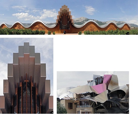 Architektur pur1 Die mit Aluminium gedeckten, wellenförmigen Dächer der Bodega Ysios korrespondieren förmlich mit den dahinter liegenden Bergen2 Die Dachkonstruktion ruht auf mächtigen Leimholzträgern3 Das 2006 fertiggestellte Luxushotel Marqués de Riscal in Elciego fällt durch eine wild anmutende Anordnung ­unterschiedlicher Dach- und Fassadenflächen aus ­gefärbtem Titan besonders auf