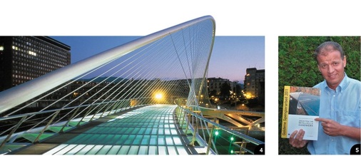 Reisen bildet4 Die von Architekt ­Santiago ­Calatrava entworfene Zubizuri-­Brücke ­stand ebenfalls auf dem Besichtigungsprogramm5 Claudio Cristina überreichte den Reiseteilnehmern den neuen und 45 Seiten starken Sonderdruck „Goldene Spenglerarbeit 2011“. Dabei bedankte er sich bei der Wettbewerbs-Jury um Bernard Trächsel für ihren vorbildlichen Einsatz
