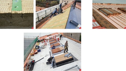 1 U-förmige, in die Steinwolle-Dämmplatten eingefräste Montageschienen sorgen für Halt2 Der Abstand der Montageschienen entspricht dem 570-mm-Falzraster 3 Die Oberlichtanschlüsse erforderten besondere Gewissenhaftigkeit in allen Dachaufbauschichten. Die bituminöse Abdichtungsbahn sowie die darüber liegende Dampfsperre …4 … wurden ebenso exakt angearbeitet wie die Steinwolledämmung, die Trennlage und Kupfereindeckung