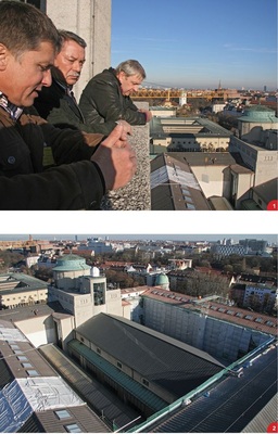 1 Spenglermeister Konrad Straßl, Südmetall-Chef Peter Leonard und Tecu-Fachmann Josef Peter Münch arbeiteten bei der Neueindeckung des Deutschen Museums partnerschaftlich zusammen2 Von der Aussichtsplattform des Museumsturmes sehen sie auf das riesige Kupferdach, welches stellenweise zum Schutz vor alkalischen Verunreinigungen noch mit Folie abgedeckt ist