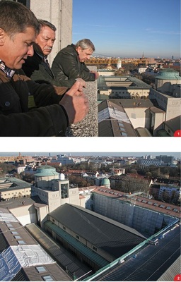 1 Spenglermeister Konrad Straßl, Südmetall-Chef Peter Leonard und Tecu-Fachmann Josef Peter Münch arbeiteten bei der Neueindeckung des Deutschen Museums partnerschaftlich zusammen<br />2 Von der Aussichtsplattform des Museumsturmes sehen sie auf das riesige Kupferdach, welches stellenweise zum Schutz vor alkalischen Verunreinigungen noch mit Folie abgedeckt ist