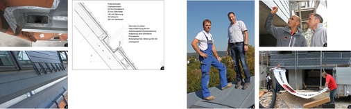 1 Interessantes Entwässerungsdetail mit Sonderstutzen ...2 ... und speziell gefertigter Einbaurinne3 Schnitt des nicht belüfteten Dachaufbaus 4 Maurer-Profis in Sachen Klempnertechnik: W. Wopke und L. Herzog5 Prefa-Techniker Benjamin Wilde mit Lars Herzog6 Es ist vollbracht: N. Zolg und M. Burgbacher rollen das Prefa-Banner ein
