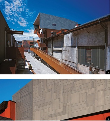 1 Bereits von Weitem lässt die unregelmäßige Struktur der Titanzink-Fassade vermuten, was sich bei näherer Betrachtung zweifelsfrei bestätigt: 2 Die Falzwechsel sind trotz, oder gerade wegen der örtlich hergestellten Fassadenelemnete besonders reizvoll – das Fasadenraster ebenso