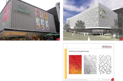 1 Noch bis vor Kurzem wurde das Erscheinungsbild der Heilbronner Fußgängerzone von dieser als Eiermann-Fassade berühmt gewordenen keramischen Gebäudehülle geprägt. Die Wabenfassade ist eines der bekanntesten Beispiele für Corporate-Identity-Architektur2 Ziel der Umgestaltung war es, die homogene Aluminiumfassade …3 … mit einer verästelten Struktur zu versehen