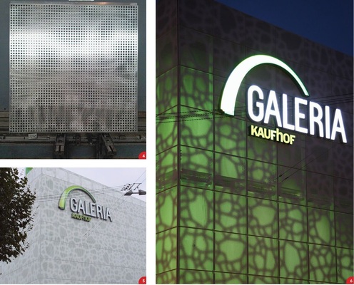 4 Als Machbarkeitsnachweis wurden vor der endgültigen Fertigung einige Originalelemente in Kleinserie hergestellt 5 Voranodisierte und einseitig pulverbeschichtete Aluminiumkassetten umspannen das Heilbronner Kaufhaus. In der jeweils höchsten Genauigkeitsstufe vereinbarte Montagetoleranzen nach DIN 18201, 18202, 18203, 18516 und 68100 wurden ebenso eingehalten wie die Fertigungstoleranzen nach DIN ISO 27686 Beeindruckendes Ergebnis: Tausende LED-Lichtpunkte wurden rückseitig an den ­Fassadenkassetten angebracht und bringen die Fassade nachts zum Leuchten