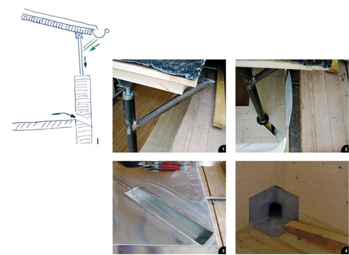 Von der Idee ...
1 Die Entwässerung der Rinne erfolgt durch die tragende Stahlstütze ...
2 ... über einen Kanal in der Balkonbrüstung
3 Vertiefte Rinne am Abdeckprofil
4 Zusätzlicher Anschluss eines Bodenablaufs

