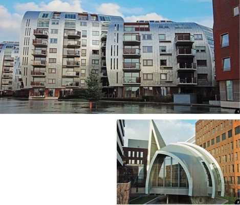 1 Dieser aus insgesamt zehn Apartmenthäusern ­bestehende Gebäudekomplex erinnert an im Wind wehende Segel und gleicht dabei einer Edelstahl-Armada2 Die Schindelfassade der Krankenhaus-Kapelle von ­Herzogenbusch in der niederländischen Provinz Nord­brabant überzeugt mit einer organischen Bauform