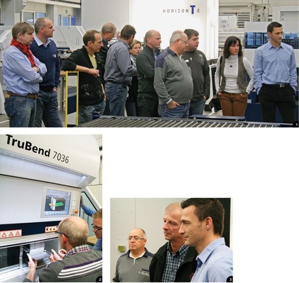 1 Die Präsentation ­diverser Stanz-, Kombi-, Laser- oder Biege-Maschinen zur Blechbearbeitung eröffnet den Ausbildern neue Horizonte2 Andreas Witt aus Hamburg testet die ergonomische Highspeed-Biegemaschine TruBend 7036. Die moderne Maschine erlaubt eine hohe Verfahr­geschwindigkeit in Kombination mit optimalen Arbeitsbedingungen3 Robert Smejkal, Erhard Pongratz und Mark Holzwarth sehen aufmerksam zu