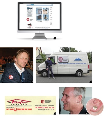 1 Das iib-Logo auf der Internetseite des Spengler-Fachbetriebes Binder aus Ingolsdtadt (www.binder-dach.de)
2 Stephan Thiele aus Falkenberg nutzt das iib-Logo bereits in vollem Umfang, beispielsweise auf Textilien ...
3 ... oder auf seinen Firmenfahrzeugen
4 Auch Jens Sperber aus Langenschade ist dem iib verbunden ...
5 ... und SMV-Präsident Werner Fünfer macht im örtlichen Telefonbuch auf sein internationales Engagement aufmerksam
