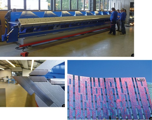 1 Die neue 8-M-Variobend vom Typ EB 8.2,00-1250 der Reinhardt GmbH2 Die Reinhardt-Maschine ist an allen Wangen mit extra harten* Segmenten ausgestattet3 Für diesen Hotelkomplex fertigte die Reinhardt GmbH unzählige Schindeln aus gefärbtem Edelstahl