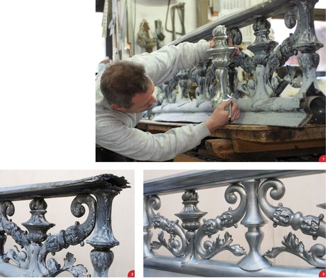 1 Detlef Rheinwein vergleicht die Passform eines Neuteils mit dem Original2 Vorher: das betagte Original des Firstkamms 3 Nachher: die gelungene Replik aus dem Hause Sporer