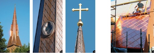 1 Helle Rauten am Turmfuß lassen erahnen, wie das Gerüst befestigt war2 Fenstereinfassung made by Kaufmann Ulm3 Auch das 7m hohe und 24-Karat-vergoldete Kupfer-Turmkreuz stammt aus der Ornamenten-Manufaktur in Ulm4 Über 20000 Rauten wurden bei Ornametals gefertigt und anschließend von den US-Klempnern um die Vorarbeiter Daniel Delle und Benn Phanko fachmännisch auf der ebenfalls sanierten Holzschalung befestigt