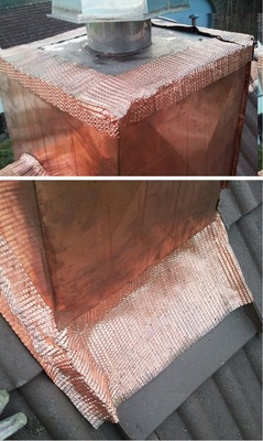Erwischt: Hauchdünnes Kupfer lässt sich leicht anformen, besonders wenn es selbstklebend ist. Zur Bekleidung von Schornsteinköpfen und -verwahrungen ist dieses Material jedoch weniger geeignet. Den Beweis erbringt Markus Lutz vom gleichnamigen Fachbetrieb aus Schopfloch. Er ist der Meinung: Diese Version geht gar nicht!
