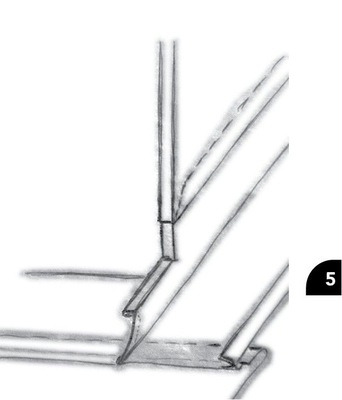 Seitenteil der Verwahrung sowie Seitenteil der Bekleidung wird mit dem Vorderteil (Nr.3) der Bekleidung direkt verfalzt
