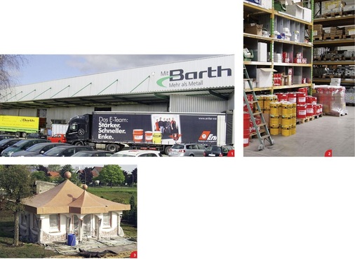 1 Enke kommt! 2 Der Lagerbestand bei Barth wird ständig auf konstanter Größe gehalten 3 Sieht aus wie Stein – ist aber Flüssigkunststoff. Die Abdichtung des Pagodendaches stammt vom Klempnerfachbetrieb Ollert aus Weinheim und besteht aus Enkopur/Enketop