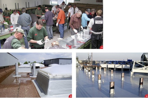 4 Blick in den Schulungsraum bei Barth5 Standardaufgabe: Anschlüsse an Lichtkuppelaufsatzkränzen werden mit Enkopur abgedichtet 6 Der einfach zu verarbeitende Flüssigkunststoff dichtet sogar T-Träger-Durchdringungen dauerhaft und zuverlässig ab