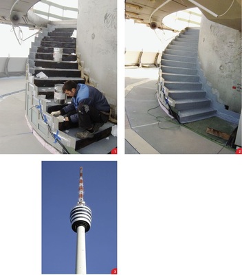 1 Markus Schramm vom Fachbetrieb Benath & Enderle war maßgeblich an den Abdichtungsarbeiten auf dem Stuttgarter Fernsehturm beteiligt2 Die Sanierung der Außentreppe erfolgte mit dem auf Reinacrylatdispersion-Basis hergestellten Flüssigkunststoff Enkryl3 Der Stuttgarter Fernsehturm wurde mit dem Titel Historisches Wahrzeichen der Ingenieurbaukunst in Deutschland ausgezeichnet