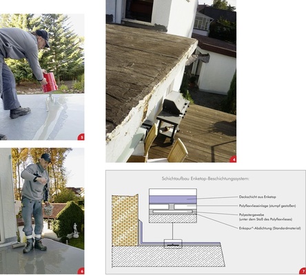 4 Ein alter und brüchiger Bitumenbelag soll saniert werden. Hilfe kommt vom Klempner: Zunächst wird der alte Belag entfernt und die Fläche anschließend mit Enkopur abgedichtet. Im nächsten Arbeitsschritt folgt der Auftrag des Nutzbelages Enketop<br />5 Flüssigkunststoff-Spezialist Heinz Weis von der Buck GmbH im Enketop-Einsatz. <br />6 Das Einstreuen von Farbchips verleiht dem optisch ansprechenden Nutzbelag eine besondere Note. Ein weiterer Vorteil: Die Beauftragung eines Fliesenlegers entfällt und die bei der Balkonsanierung ­erforderlichen Arbeiten können komplett aus einer Hand angeboten werden. Der Einsatz begehbarer Bodenbeläge auf Balkonen ist für Klempner ein Alleinstellungsmerkmal <br />7 Einbau- und Anwendungshinweis - © Fotos: Buck GmbH
