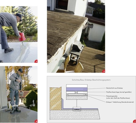 4 Ein alter und brüchiger Bitumenbelag soll saniert werden. Hilfe kommt vom Klempner: Zunächst wird der alte Belag entfernt und die Fläche anschließend mit Enkopur abgedichtet. Im nächsten Arbeitsschritt folgt der Auftrag des Nutzbelages Enketop5 Flüssigkunststoff-Spezialist Heinz Weis von der Buck GmbH im Enketop-Einsatz. 6 Das Einstreuen von Farbchips verleiht dem optisch ansprechenden Nutzbelag eine besondere Note. Ein weiterer Vorteil: Die Beauftragung eines Fliesenlegers entfällt und die bei der Balkonsanierung ­erforderlichen Arbeiten können komplett aus einer Hand angeboten werden. Der Einsatz begehbarer Bodenbeläge auf Balkonen ist für Klempner ein Alleinstellungsmerkmal 7 Einbau- und Anwendungshinweis