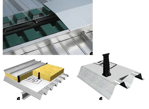 1 Sicheres Lüftungs-Firstdetail<br />2 Kalzip-Stehfalzkonstruktionen werden mit kunststoffummantelten, hochbelastbaren Haltern befestigt <br />3 Die Halter leiten einwirkende Druck- und Sogkräfte sicher in die Unterkonstruktion und verfügen über eine besonders verstärkte Fußgeometrie