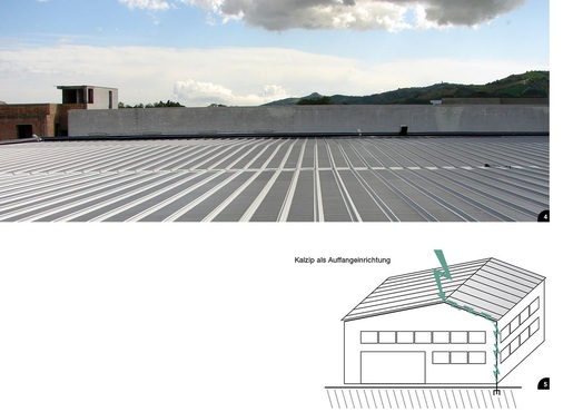 4 Profiltafeldach mit integrierten Photovoltaik-Laminaten <br />5 Flachdächer benötigen aufwendige Blitzschutzanlagen. Für Metalldach- oder Wandkonstruktionen sind in der Regel keine gesonderten oder zusätzlichen Fangeinrichtungen für Blitze notwendig
