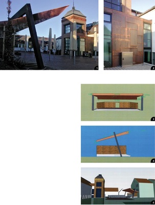 1 Bühnenüberdachung und Aufzughaus am Kulturzentrum Gundremmingen <br />2 Die Kassettenfassade wurde mit hinterklebten Aluminiumplatten stabilisiert<br />3 Die frei stehende Dachkonstruktion der Freilichtbühne ...<br />4 ... hängt an einem riesigen Stahlträger <br />5 Der Platz wird für unterschiedliche Veranstaltungen genutzt