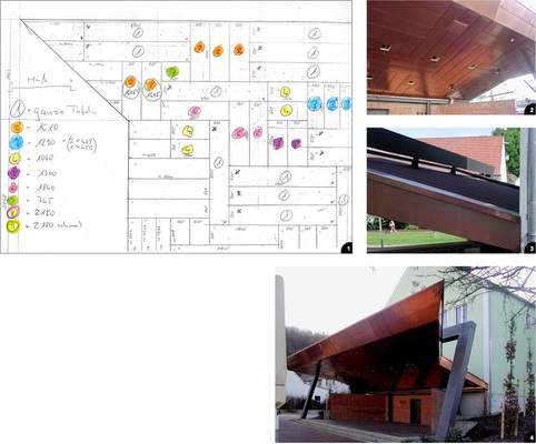 1 Montageplan<br />2 Die Einbauleuchten der Kupferdecke fehlen noch <br />3 Die Aufhängung der frei stehenden Überdachung wurde wie das Dach selbst bituminös abgedichtet<br />4 Das hängende Bühnendach wartet auf seinen ersten großen Auftritt