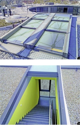 1 Dachterrassen sind ein Idyll mitten im Großstadtdschungel. Hochwertige Dach­ausstiege gestalten das Betreten der Fläche sicher und komfortabel2 Der Dachausstieg kann im Brandfall der einzig rettende Ausweg sein. Hier sollte man von vornherein großzügig planen