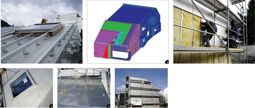 1 Das 3D-Modell, umgesetzt am Dach und an der Fassade ...<br />2 ... sowie mit dem geplanten Schichtaufbau<br />3 Dämmung und Glattblech wird an der Fassade angebracht<br />4 Auf das Glattblech wird eine selbstklebende Folie als zweite Auflaufebene aufgebracht<br />5 Großrautendeckung mit Schneestopper, auf der Bitumenfolie mittels Haften montiert<br />6 Großrautendeckung an Fassade und Dach