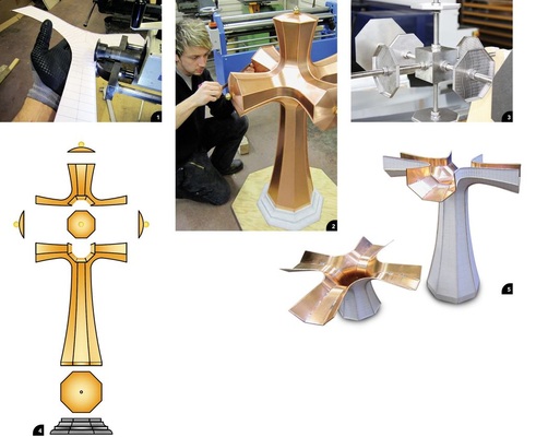 1 Y-förmiges Bauteil mit aufgeklebter Abwicklung, die im sogenannten Dreiecksverfahren ermittelt wurde2 Michael Leib aus Moorenweis fertigte sein 1203 mm hohes Meisterstück „Kreuzblume“ aus 0,6-mm-Kupfer der Marke Tecu an3 Ein speziell angefertigtes Gestell aus Gewindestäben diente als Konstruktionshilfe4 Perfekt sind auch die Zeichnungen des Meisterschülers5 Ober- und Unterteil der Kreuzblume kurz vor dem Zusammenbau