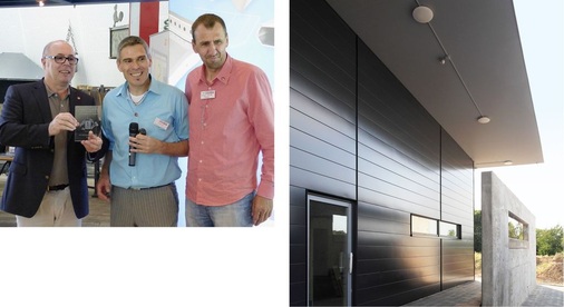 Joachim Wolke (Marketingleiter Kalzip GmbH), Andreas Buck (BAUMETALL-Chefredakteur) und Frank Wiorek (Gebietsverkaufsleiter, Kalzip GmbH) bei der Preisverleihung Das Kalzip-FC-Fassadensystem ist vielseitig einsetzbar